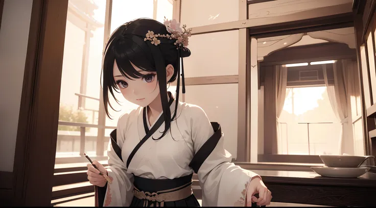 ((Best quality)), ((Masterpiece)), ((Ultra-detailed)), (illustration), (Detailed light), (An extremely delicate and beautiful),A charming young girl,Dramatic perspective,(((Hanfu long skirt))),Short black hair,