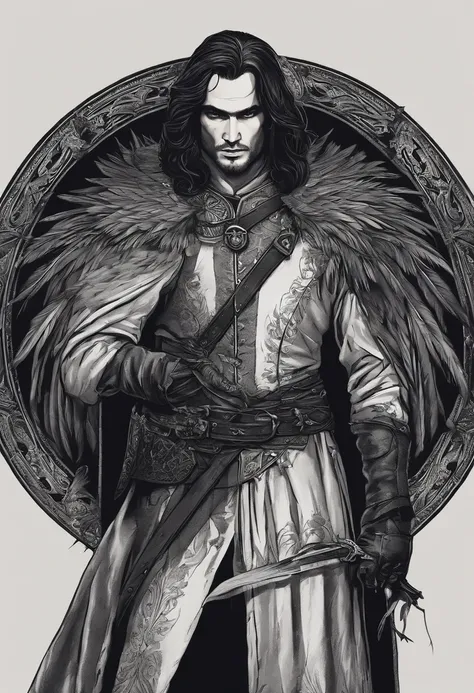 Um homem bonito de cabelos pretos vestindo roupas sombrias como um assassino, He is a rascal with feathers on his clothes in the middle of the valley of dark death, hes the villain of an RPG hes wearing dark medieval clothes; Use tons escuros;, The image h...