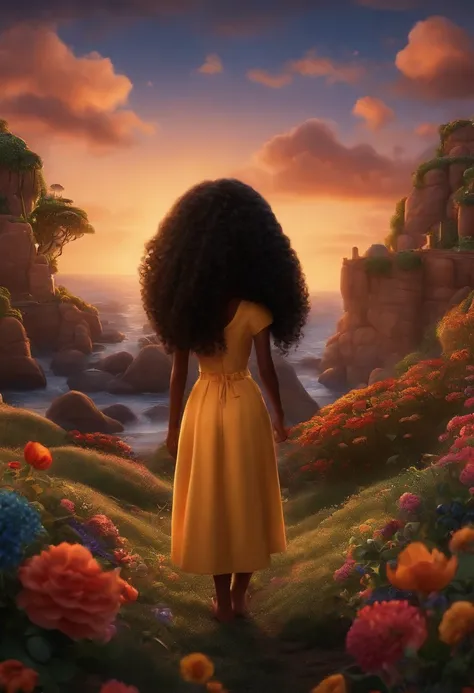 Um filme inspirado na Disney Pixar (MENINA NEGRA JOVEM COM CABELO LONGO ONDULADO PRETO) dentro A cena estar na arte distinta do estilo PIXAR, descolada e estilosa