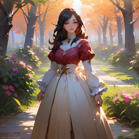 best quality,ultra-detailed,portrait,beautiful detailed eyes,beautiful detailed lips,longeyelashes,traditional oil painting,soft lighting,vivid colors,fine brushstrokes,detailed background,woman in a red dress,standing in a garden with blooming flowers,pea...