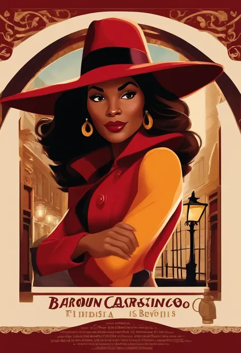 Disney Pixar poster about a brown-skinned woman with brown wavy hair wearing a burgundy hat (estilo Carmen Sandiego). Shes inside a frame/ moldura de madeira. Do lado de fora luzes e lamparinas. Disney pixar