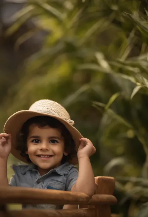 menino: Miguel, aproximadamente 5 anos de idade, cabelo curto estilo Disney, olhos castanhos e sorrisos. garota: Giovana, 2 anos, longos cabelos pretos e olhos azuis. scenecy: Miguel and Giovana are in a cozy little house in the valley, ao fundo um dia ens...