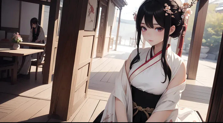 ((Best quality)), ((Masterpiece)), ((Ultra-detailed)), (illustration), (Detailed light), (An extremely delicate and beautiful),A charming young girl,Dramatic perspective,(((Hanfu long skirt))),Short black hair,