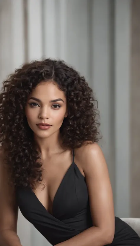 A beautiful and amazing black Brazilian woman，portrait of full body, sitting on chair，Free curls, Black curly hair, (dark shorter curly hair), Wild black long curly hair, multiversal hair, Brazilian, Short black curly hair, Curly black hair, Curls, wavy ha...