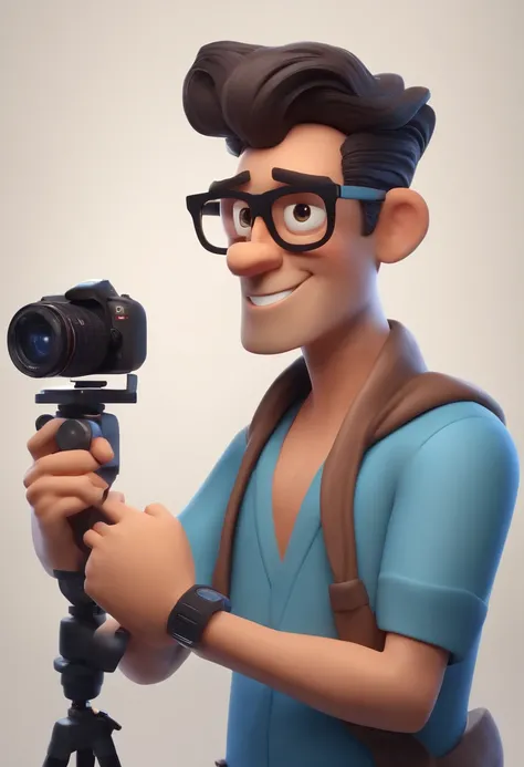 Cartoon character of a man wearing black glasses and a blue shirt, barba por fazer, cabelo crespo, holding a camera, um kimono escorado no ombro do personagem, um personagem animado, Caractere estilizado, animation style rendering, 3D estilizado, Arnold Ma...