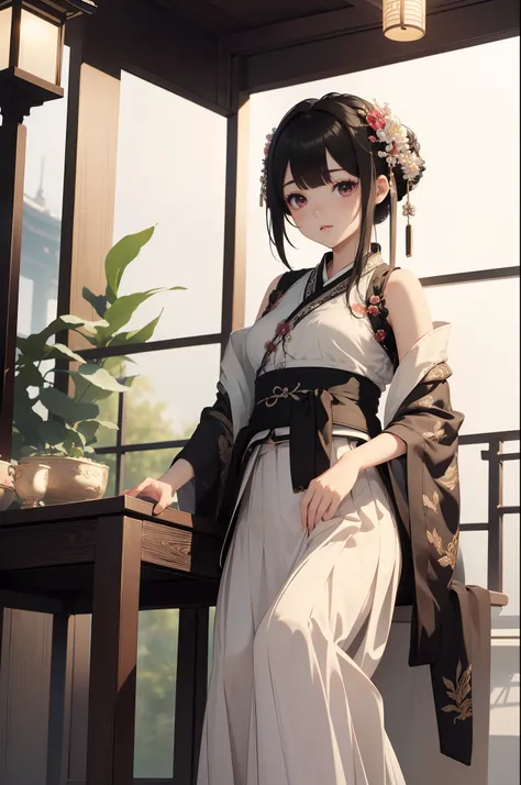 ((Best quality)), ((Masterpiece)), ((Ultra-detailed)), (illustration), (Detailed light), (An extremely delicate and beautiful),A charming young girl,Dramatic perspective,(((Hanfu long skirt))),Short black hair,