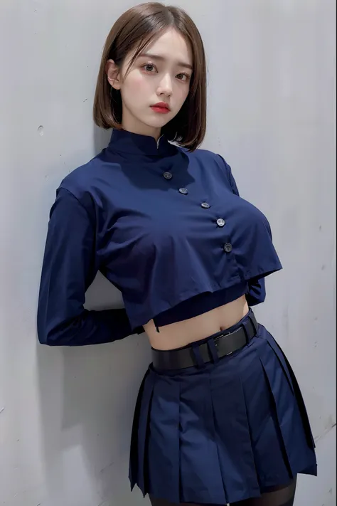 belt, navy pantyhose, navy crop top, crop top overhang,navy jujutsu tech uniform, pantyhose, navy pleated skirt, shirt tucked in, skirt, (navy skirt), blue crop top,(huge breasts;1.2),