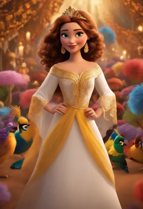 Um filme inspirado na Disney Pixar (MENINA CLARA, CABELOS CASTANHOS, BIQUINE DOURADO, PLUMAS ROXAS, ESTILO CARNAVAL, FAXA DE MISS BLOCO XINELLIS dentro A cena estar na arte distinta do estilo PIXAR, descolada e estilosa