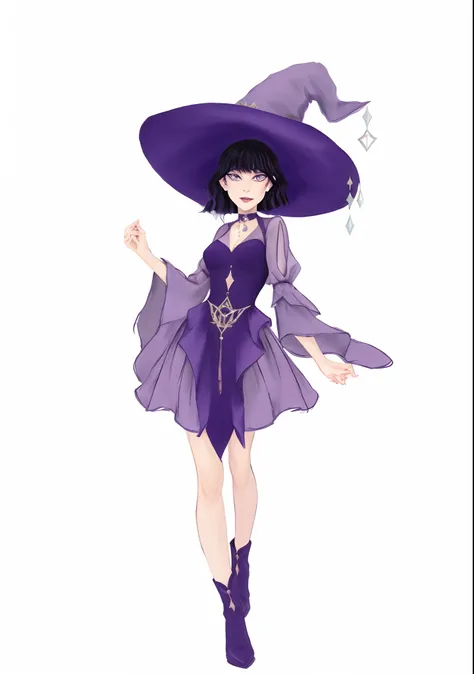 A closeup of a cartoon of a woman in a purple dress and hat, bruxa escura da moda, Roupas de bruxa astral, Preto - Mago Cabelo, menina bruxa, supervillain sorceress witch, bruxa brilhante, feiticeira bonita, personagem bruxa escura, beautiful witch female,...