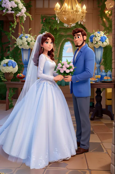 casal homem e mulher no estilo Disney Pixar, alta qualidade, melhor qualidade, casamento, melhorar a barba, de corpo inteiro