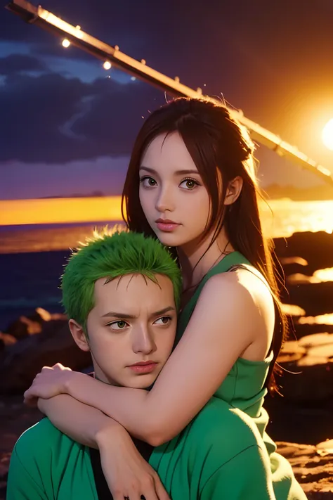 Zoro y Nami, Full HD, Hugging, cielo estrellado, alta calidad, 8k