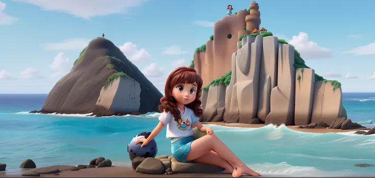 Menina com duas rochas ao fundo e mar, estilo disney pixar, alta qualidade, melhor qualidade