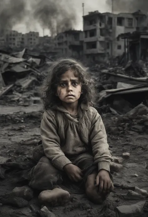 A surreal depiction of a little girl, Sit sadly, in pain, (eyes shedding tears, The face is focused on the camera), A sense of disorder, a Palestinian, Curly hair, Dusty face and fabric, (A city in the background is destroyed by fire, Human body on the gro...