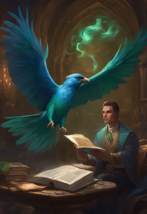 there is a man standing in front of a blue and green bird, reading a book with pages made of blue flame magic the gathering art, magic the gathering card art, magic the gathering art style, d & d fantasy digital art, hearthstone art, mtg art, magic the gat...