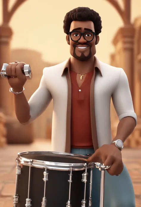 Cartoon character of a man with black glasses, cabelo curto marrom escuro e uma camisa preta, tocando bateria na igreja, e uma pessoa parecida com jesus ao seu lado. animation character, Caractere estilizado, animation style rendering, 3D estilizado, Arnol...