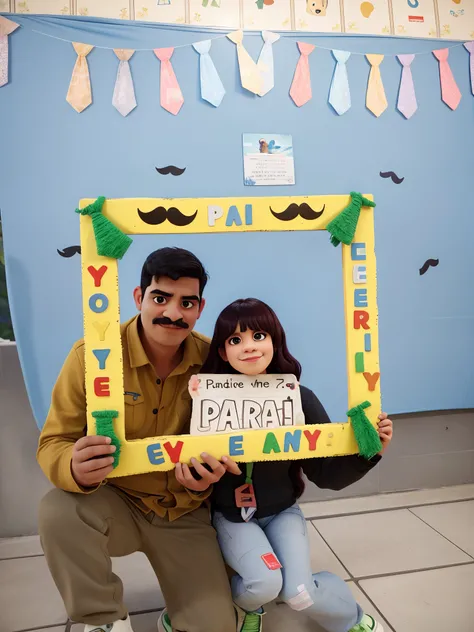 They are posing for a photograph with a picture frame with a mustache, Foto realista, 1614572159, Imagem, fotografia retrato, Directed by: Nandor Soldier, Rosemary Ressendi, fotografia, Directed by: Bernardo Daddi, cabrito, fotografiagrafia colorida, CR3, ...