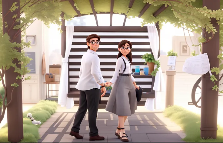 A man in prescription glasses, cabelo castanho escuro, White shirt and black pants smiling and a woman without glasses with dark brown hair, sorrindo, no estilo disney pixar, alta qualidade