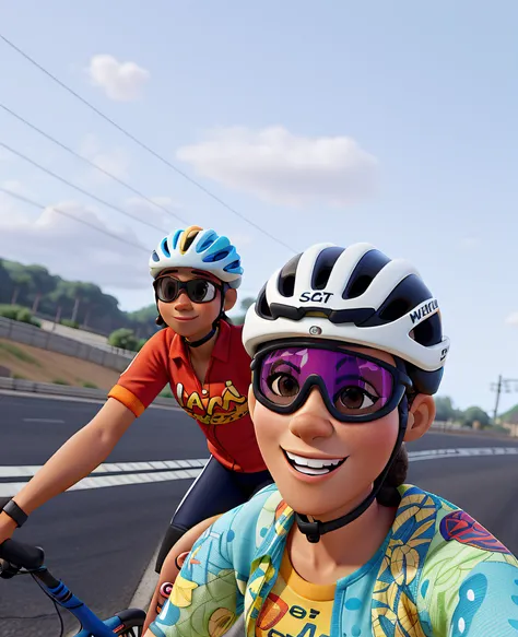 Mulher ciclista, camisa colorida, Cycling Goggles, capacete, homem afro ciclista, sunglasses, camisa cor laranja, estilo disney pixar, alta qualidade, melhor qualidade