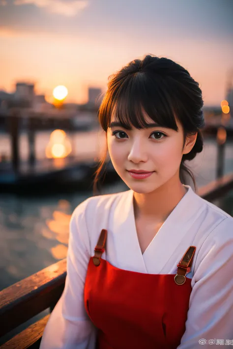 (​masterpiece、high-level image quality、hightquality)、(Red Wharf)、Sunset、Port of Kobe、steamboat、(Beautiful and realistic Japan people:1.4,in her 20s)、young Japanese actress、