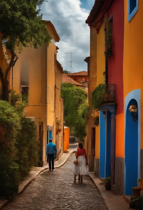 Duas pessoas passeando na rua , Behind a house a street and trees