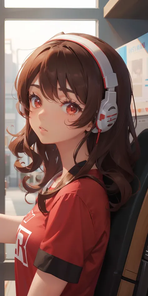 1 girl, brown skin, (masterpiece), curly hair, Brown hair, Red headphone, anime girl, latina, red shirt, Black short