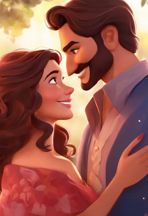 An illustration of an adorable gypsy couple, Highlight for a smiling brunette man and a brunette woman with beautiful expressive eyes - the mans skin is fair and the mans hair is straight with a tied headscarf, The womans skin is fair, and the womans hair ...