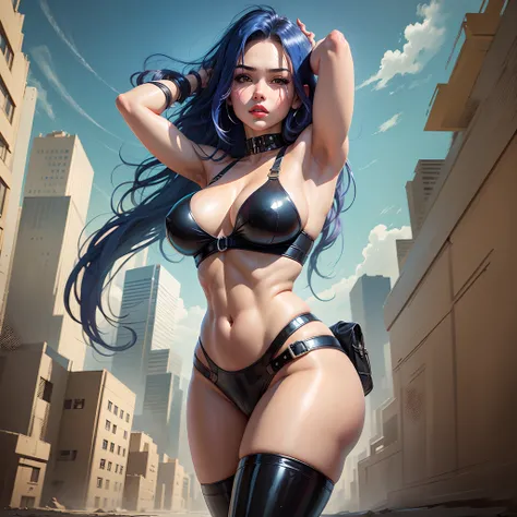 Raven from teen titans, 1girl, long blue hair, lips, painted lips, thick lips, hips, thighs, round breast, ass, bimbo face, black latex tube bra, toned stomach abs, shiny skin, breasts squeezed together, natural breasts, black latex top, belts, hand signs,...