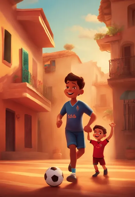 Make a Pixar-style image of a boy with his father playing football with the Flamengo shirt, And the mother clapping and cheering