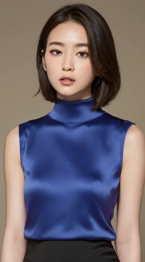 (Best quality, 8k, 32k, Masterpiece, UHD:1.2), 1girl, beautiy Japanese woman, narrow waist, mock neck sleeveless tops, turtle neck sleeveless tops, , sleeveless, no-sleeve, (satin tight mini skirt), detailed face, short hair, gazing at viewer, mouse slight...