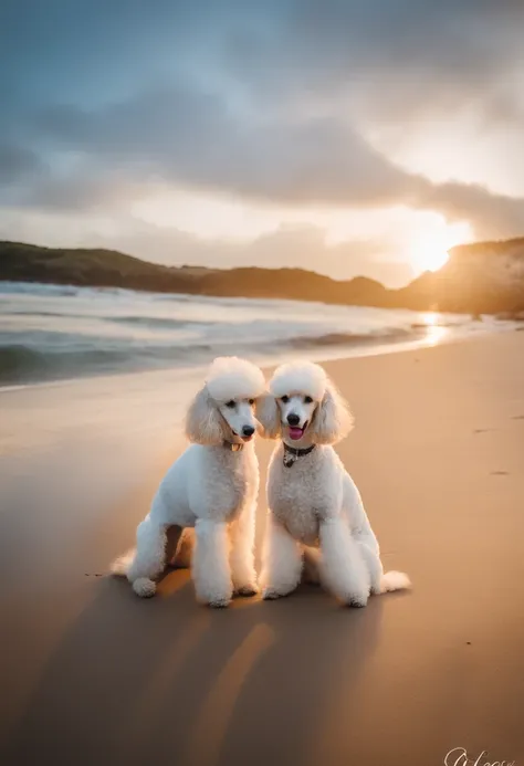 Foto de casal segurando um poodle branco, felizes de ferias na praia.