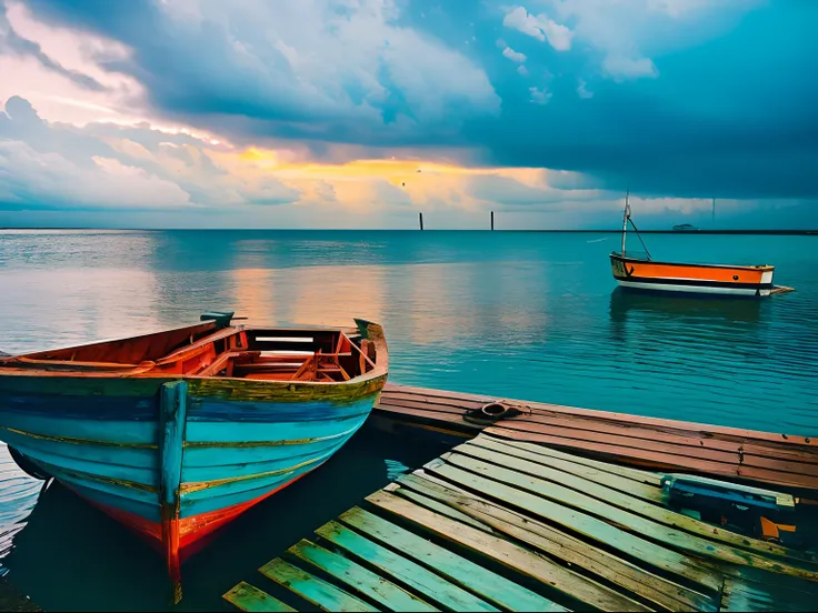 [Diagonal shot], [Old fishing boat], [moored at a dock], with pristine and serene waters, [sunrise], stormy weather, [eye view angle], Lomography Color 100, analog camera, saturated colors