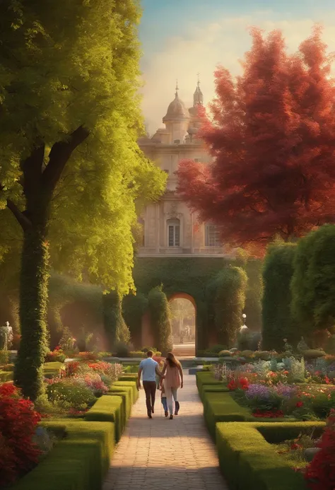 Image of a square with a family strolling with a beautiful garden around melancholic environment