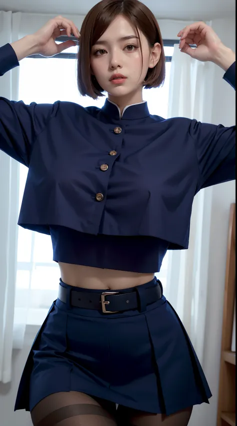 ,belt, navy pantyhose, navy crop top, crop top overhang,navy jujutsu tech uniform, pantyhose, navy pleated skirt, shirt tucked in, skirt, (navy skirt), blue crop top,(huge breasts), sexy pose,