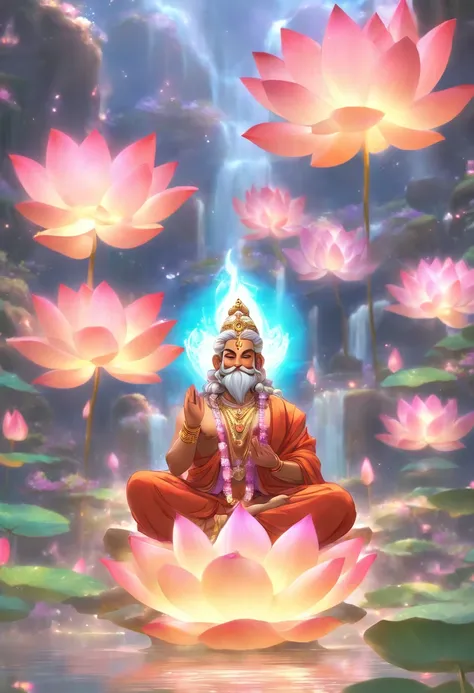 (((Hindu God))) best quality, ultra-high resolution, 4K detailed CG, masterpiece, Brahma, old man, old man, Indian, white beard, Hindu mythology, sitting on lotus flower, ((sitting on flower lotus) ) Hindu, aesthetic, beautiful, screen-centered image, pers...