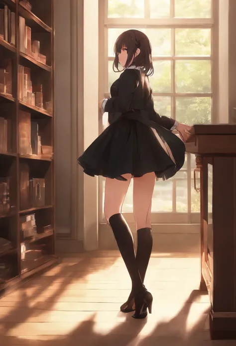 ((master part)), ((best quality)), ((Altas)), ((extremamente detalhado CG unidade 8k papel de parede)), sozinho, Tachibana Kanade, black skirt, Meias brancas, pequeno sorriso, sala de aula