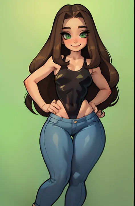 ((masterpiece)),(best quality),(detailed), 1girl, solo, mature woman, long hair, brown hair, wavy hair, green eyes, smile, kneeling, back view, (small breasts), (((wide hips))), curvy, big ass, navel (one-piece swinsuit), ((Jeans)) pants