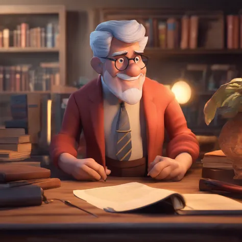 Crie um cartaz inspirado na Disney Pixar com o personagem sendo o pastor Rubens Janier, A gray-haired man wearing glasses, in an office with a Bible on the table