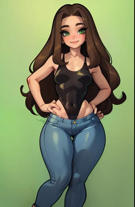 ((masterpiece)),(best quality),(detailed), 1girl, solo, mature woman, long hair, brown hair, wavy hair, green eyes, smile, kneeling, back view, (small breasts), (((wide hips))), curvy, big ass, navel (one-piece swinsuit), ((Jeans)) pants