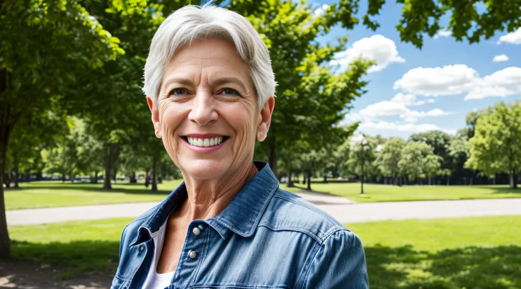 Hyperrealistic photograph of a happy 55-year-old Caucasian woman. Background of a park. Sunny day and blue sky with clouds