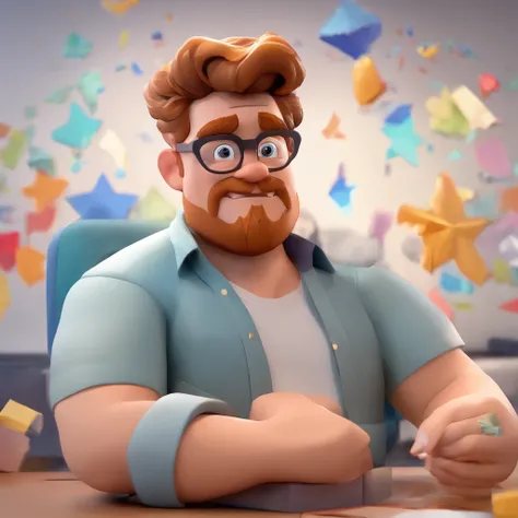 Crie um cartaz inspirado na Disney Pixar com o personagem sendo um psicologo homem moreno com cabelo preto, cabelo liso, cabelo partido no meio, camisa braca, arms crossed, com olhos puxados, Wearing Grey Glasses