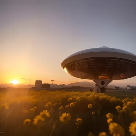 Um homem e uma mulher em um campo florido, por do sol, de volta ao espectador, futuristic space of the city, melhor qualidade 8k, foto-realista, shocking lighting, sombreamento realista