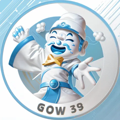 an indented cartoon character in the binance logo in white and blue colors