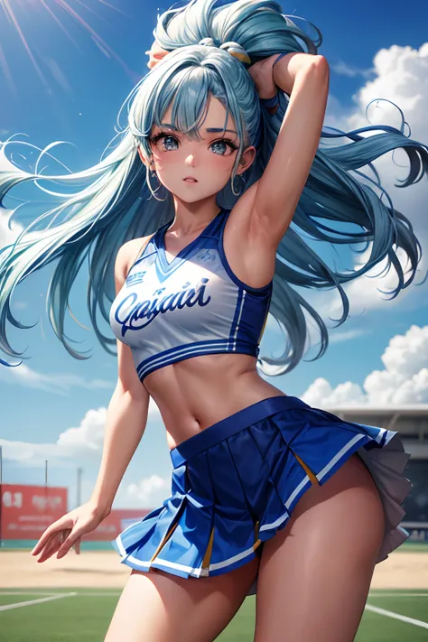 master part, Melhor_qualidade, 1girl, sozinho, cabelos pretos, Sexy azul marinho e branco Cheerleader Outfit, fundo do campo de futebol, Hands behind back, saia para cima, action pose