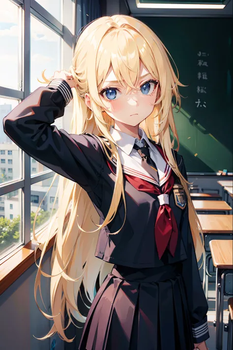 solo, long hair, blonde hair, indifferent expression, blue eyes, face view, school uniform, classroom background