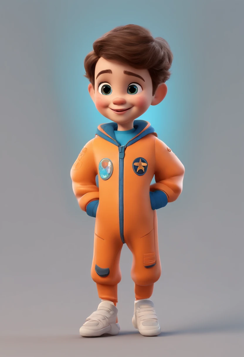 a happy cute kid standing short hair, vestindo uma fantasia espacial, , fundo branco, barnet, tom, Estilo Pixar, ..3d, desenhos animados, rosto detalhado, asymmetrical 16k