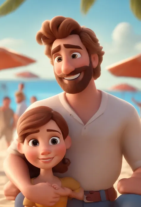 Cartoon man with brown hair and brown beard in front of a crowd, 3D animated film, animation film, Pixar 3D-Animationsstil, pixar renderman rendering, Maia 8 Mil, animation film, Disney Pixar Estilo 3D, With a smile on my face and standing on the beach, Em...