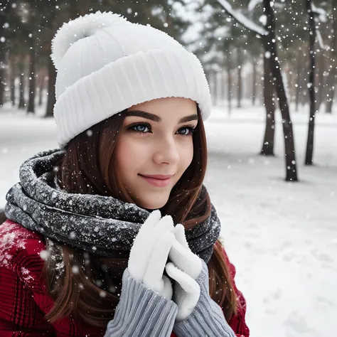 A portrait of a woman in winter outside, snow flakes, snow, winter, holiday, Christmas, beautiful, masterpiece