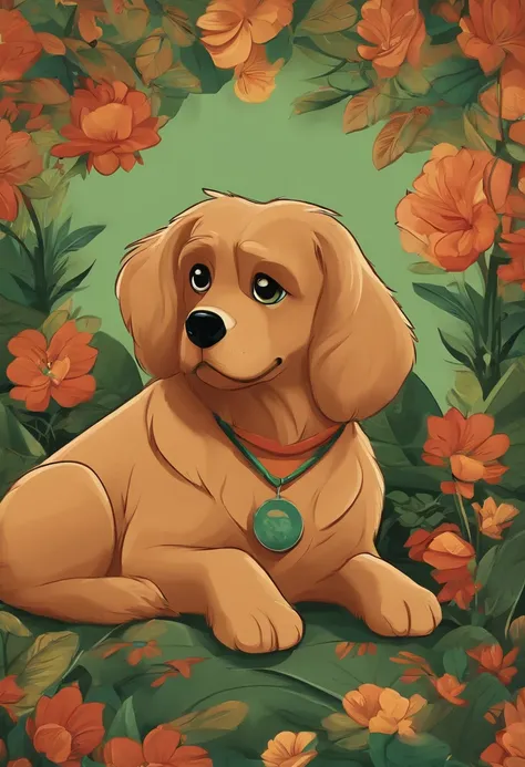 Disney Pixar-inspired poster with caramel dog, cara caindo com camisa verde Em cima da cama