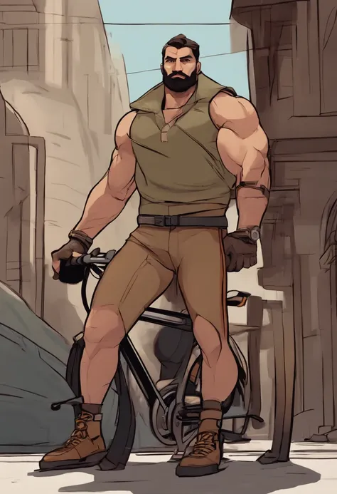 Personagem de desenho animado de um homem moreno magro , with strong arms , com uma camisa de Personal trainer , com barba cerrada cor preta , olhos arredondados cor preta , cabelo militar , barba cerrada preta , com uma bicicleta branca