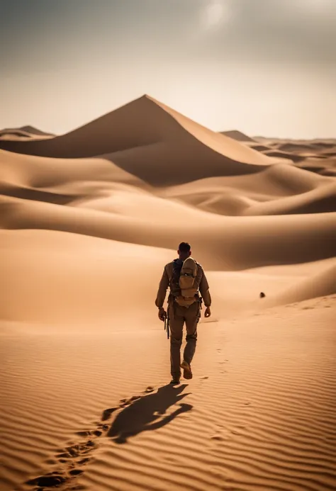 crie um homem correndo no deserto de um escorpiao azul gigante